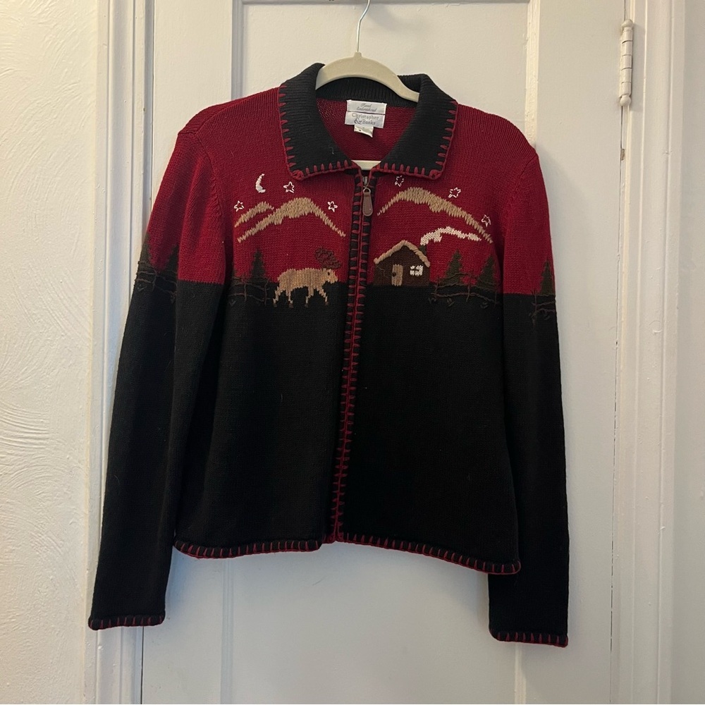 Vintage Christopher & Banks Cotton Moose Zip Up Cardigan